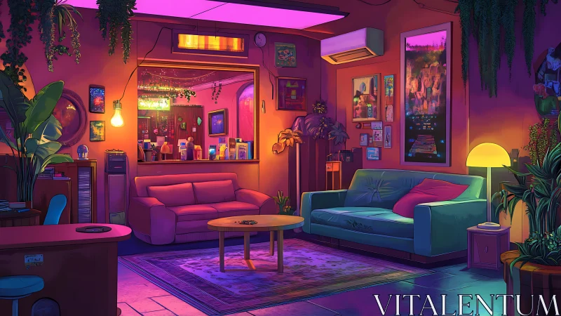 Neon lit lounge interior with sofas, plants, and wall decor.