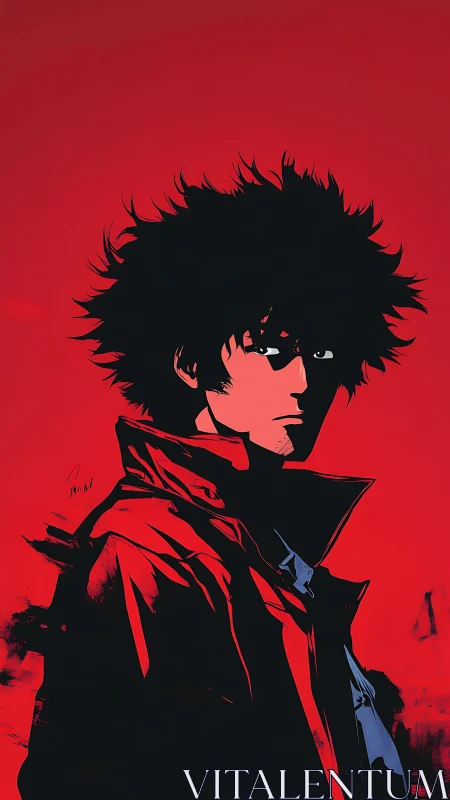 Storm-tossed drifter in red, carved from shadow and neon fire.