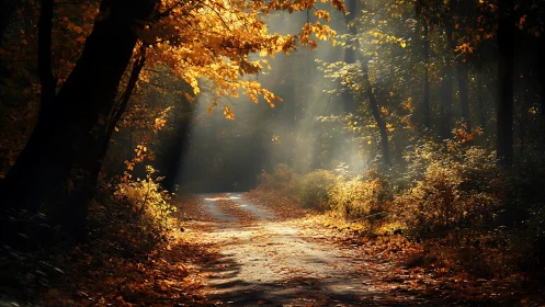 Autumn Forest Path with Volumetric Crepuscular Rays Through Deciduous Canopy