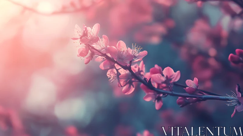 Pink blossoms basked in golden sunlight through bokeh haze.