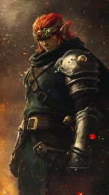 Armored red-haired warrior with pointed ears in emberscape.