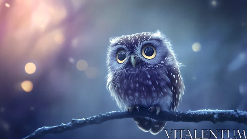 Adorable wide-eyed owl perched at night, dreamy digital art style.