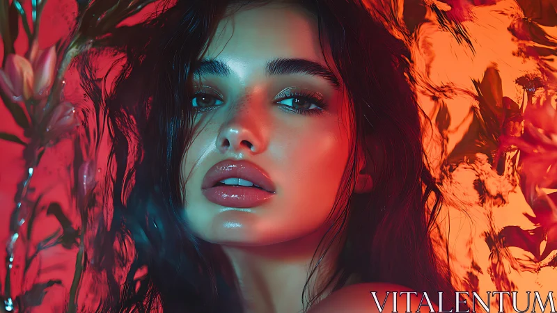 Luminous portrait in coral light and dreamy floral glow.
