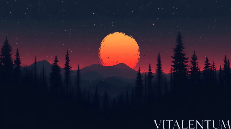 Midnight forest glow under a rising ember moon.