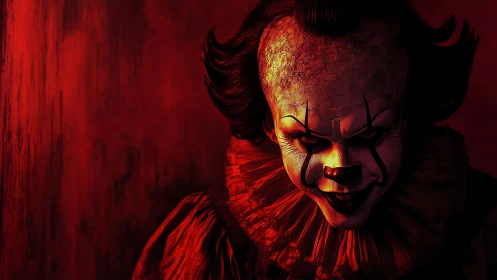 Sinister clown portrait emerges from deep red shadows