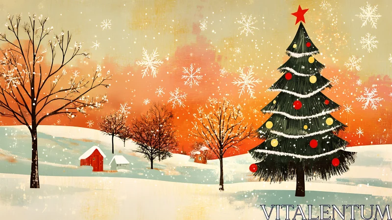 Snowlit Christmas tree crowns a glowing winter hillside village.