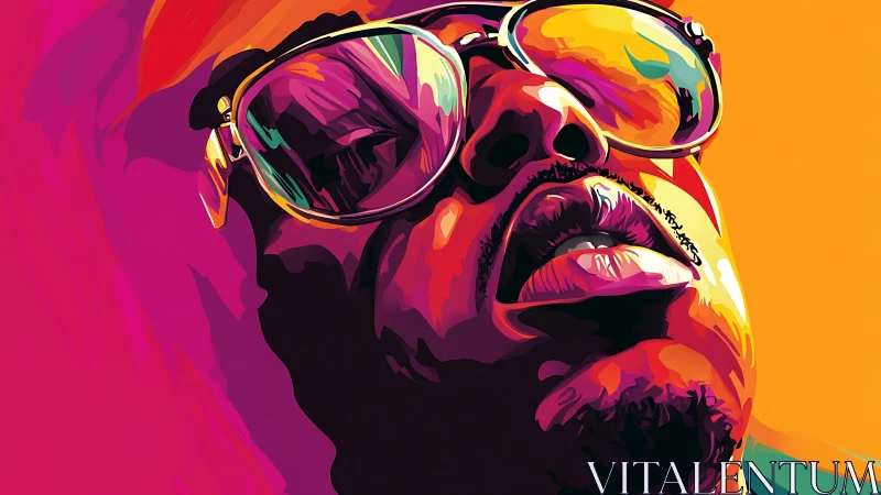 Bold neon portrait shows reflective sunglasses and parted lips