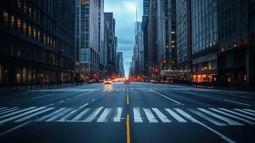 Empty downtown city avenue at dusk with glowing traffic.