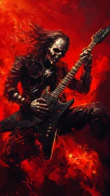 Infernal skeletal guitarist shredding in molten red flames.