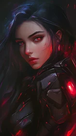 Cybernated warrior portrait with luminescent red optics and armor.
