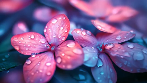 Delicate petals glisten with morning dewdrops in vibrant pink and purple