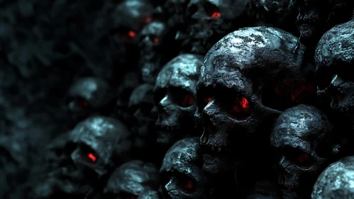 Stacked metallic skulls with red glowing eye sockets.