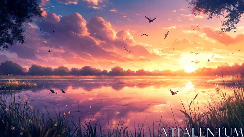 Radiant lakeside sunset mirrors glowing clouds and birds.