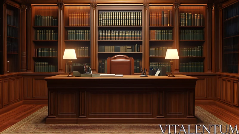 Symmetrical mahogany law office interior with archival stacks.