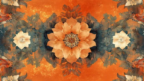 Radial floral mandala with mirrored ink linework on orange ground