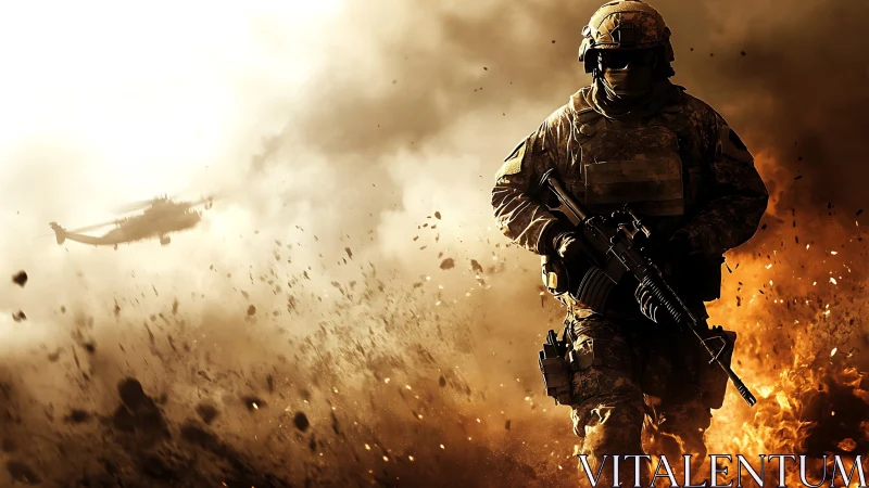 Modern infantry soldier advancing in active combat zone.