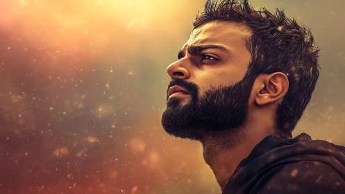 Bearded man gazes upward through glowing golden haze.
