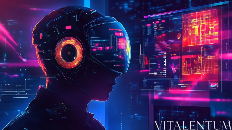 Neon lit cyber explorer studies glowing futuristic data wall