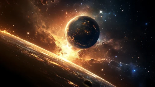 Planetary horizon ignites beneath a luminous cosmic sunrise.