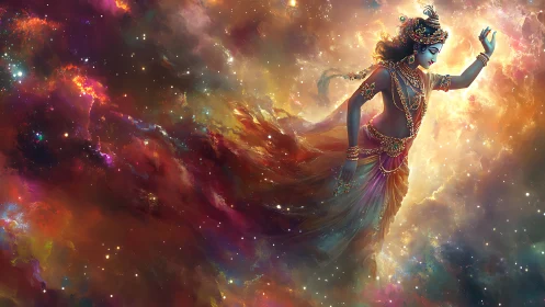 Celestial dancer drifting through glowing cosmic nebulae.