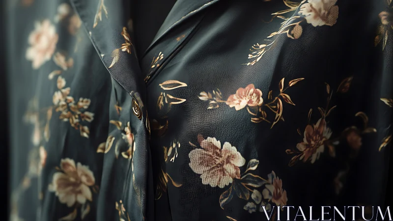 Silky floral blouse in soft-focus closeup detail study.