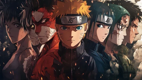 Six stylized ninja figures aligned in symmetrical formation.