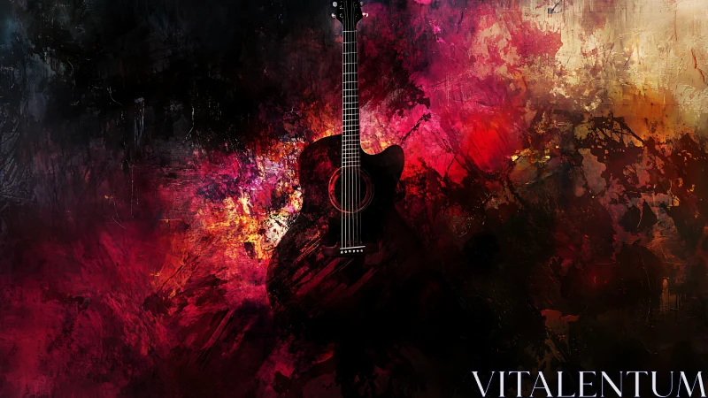 Acoustic guitar centered against abstract color field background.