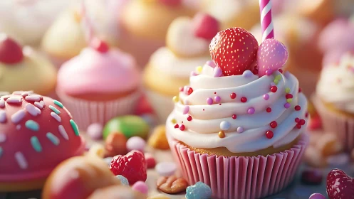 Decorated Cupcakes with Berry Toppings and Sprinkles