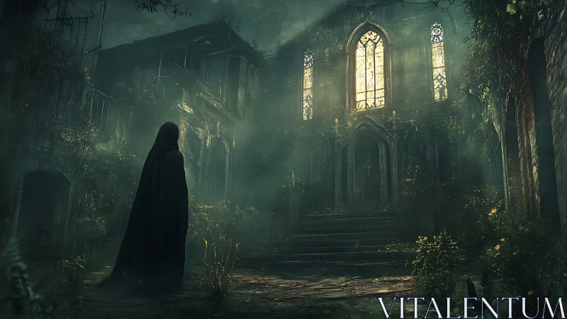 Cloaked wanderer before the moss‑crowned forsaken chapel.