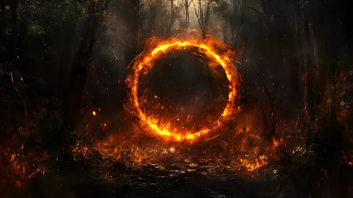 Inferno Portal in Dark Forest. Supernatural Fire Ring.