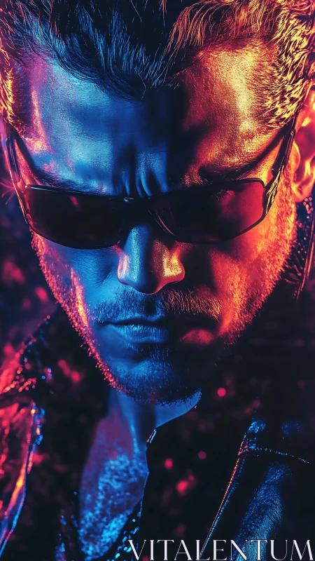 Moody neon portrait of a cool man in dark sunglasses.