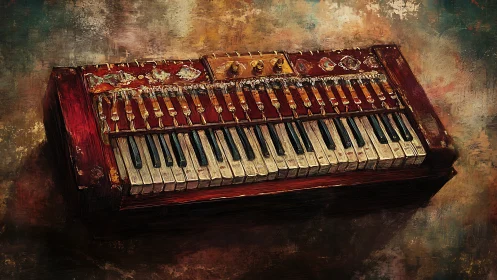 Weathered harmonium dreams under painterly amber light.