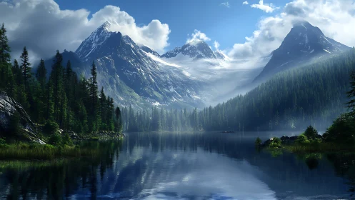 Snowcapped mountains reflected in calm alpine lake.