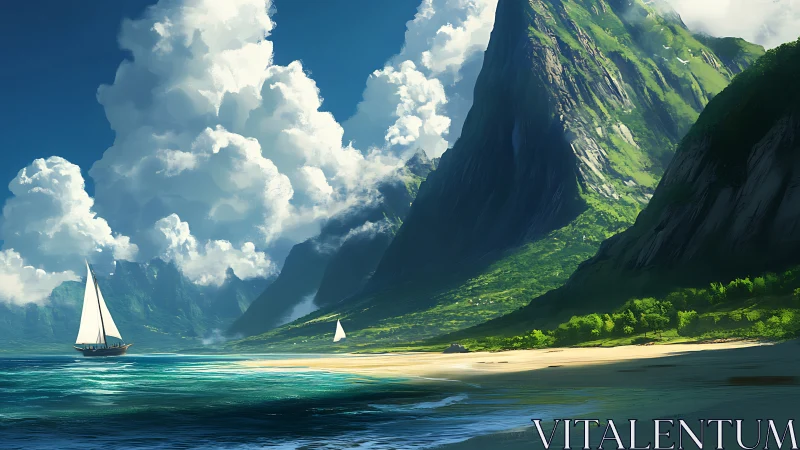Cloud-stacked cliffs and wandering sails on emerald shores.