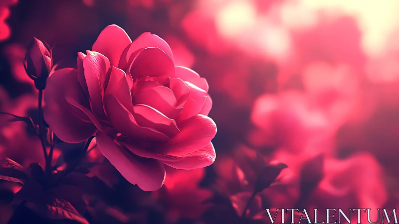 Vibrant Rose Garden in Soft Focus. Crimson Blooms.