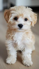 Small cream-colored puppy indoors on wooden floor surface.
