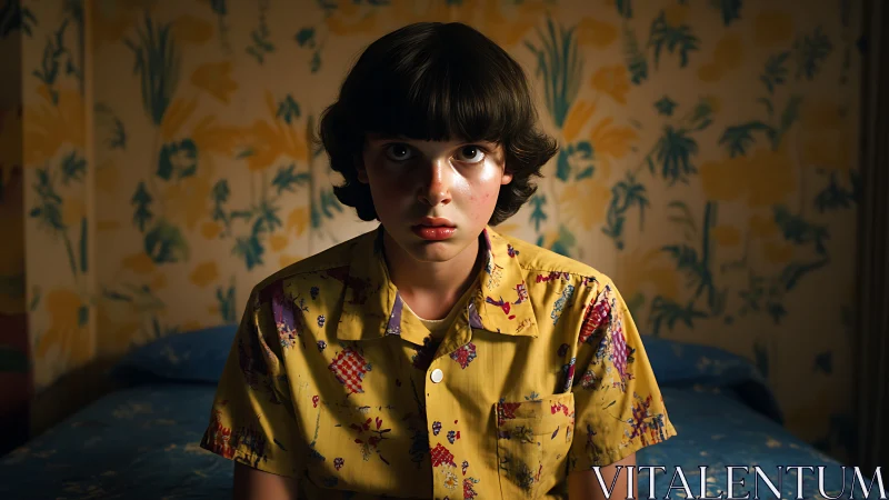 Nervous night thinker in yellow shirt, wallpaper closing in.