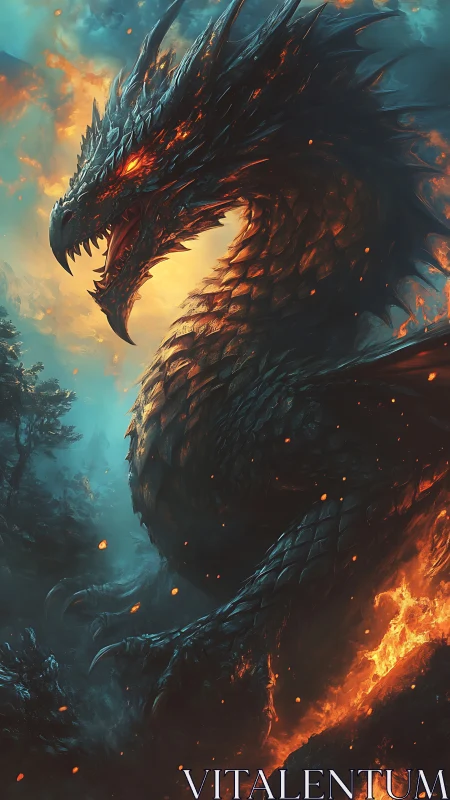 Fierce fire dragon rises in glowing storm of smoke and flame
