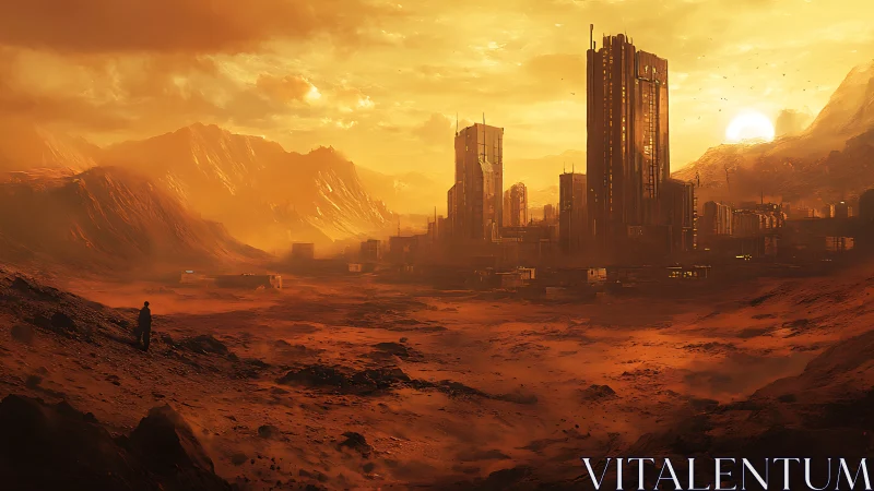 Sunburnt Martian metropolis breathing in molten twilight.