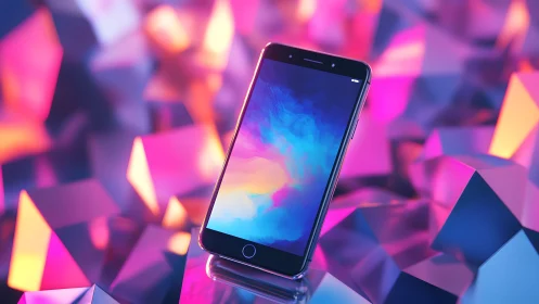 Modern smartphone displayed on vibrant geometric background, digital art.