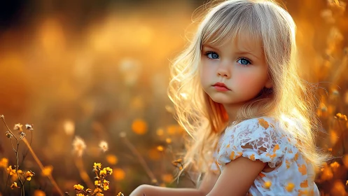 Golden-hour daydream girl amid glowing wildflower whispers.