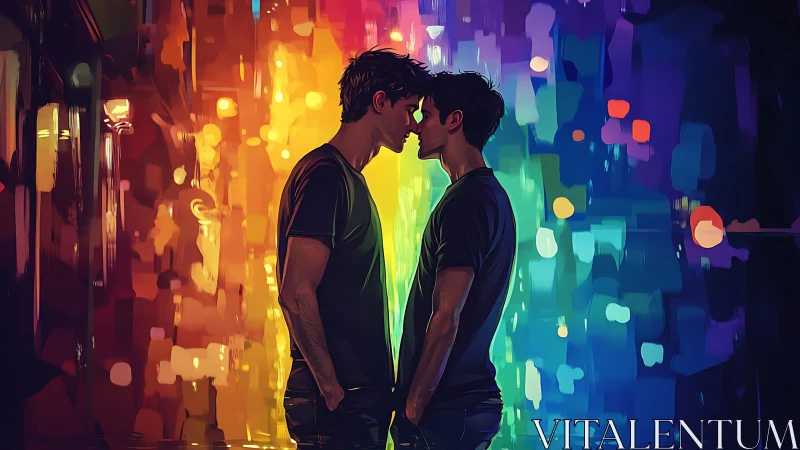 Two men face to face beneath neon city lights.