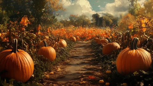 Golden autumn pumpkin path glows beneath dramatic skies