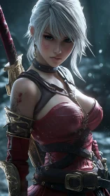 Battle-ready silver-haired warrior rendered in high-detail 3D engine