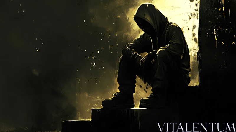 Hooded figure sits on steps against high-contrast yellow light