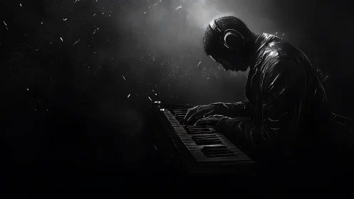 Monochrome digital portrait of immersed electronic keyboardist.