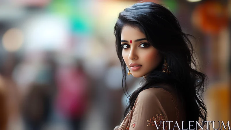 Elegant woman in traditional attire with bokeh city background.