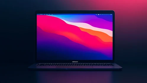 Sleek laptop glows against neon gradient desktop display.