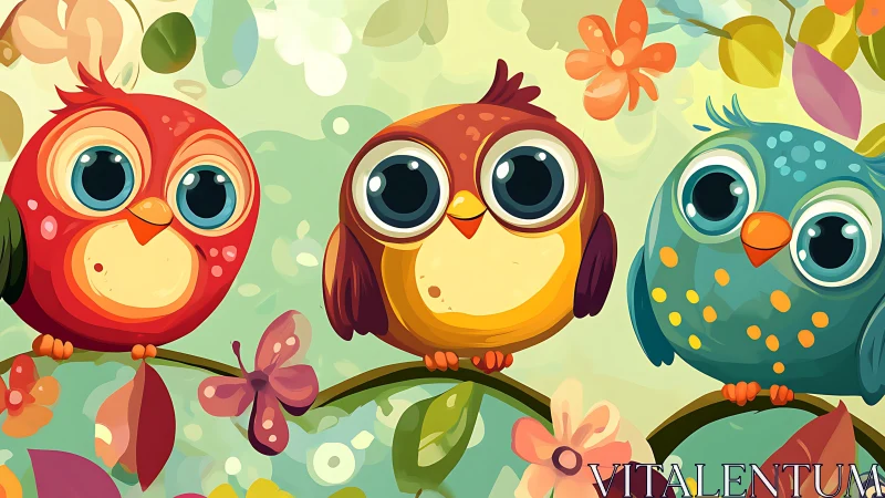 Three Cute Cartoon Owls on a Branch in Colorful Spring Setting.