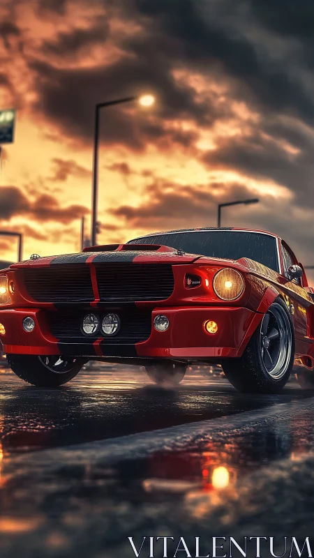 Red muscle car on wet asphalt under dramatic sunset sky